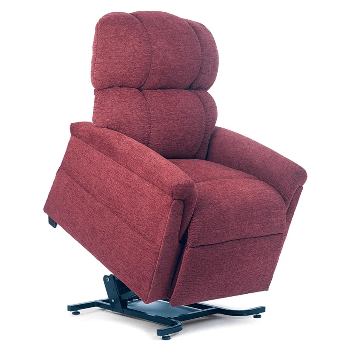Golden MaxiComforter PR535 lift chair in Port burgundy, raised to the standing position